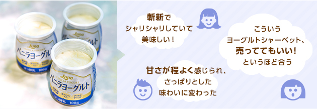 「斬新でシャリシャリしていて美味しい！」<br>「甘さが程よく感じられ、さっぱりとした味わいに変わった。」<br>「こういうヨーグルトシャーベット、売っててもいい！というほど合う。」