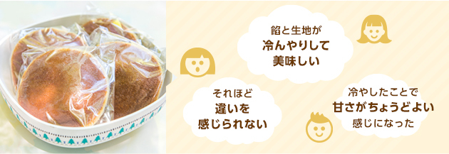 「餡と生地が冷んやりして美味しい。」<br>「冷やしたことで甘さがちょうどよい感じになった。」<br>「それほど違いを感じられない。」